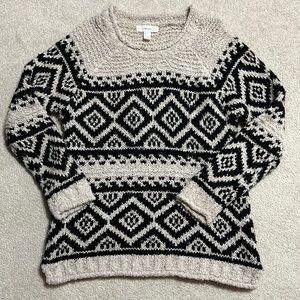 Forever 21 Cream & Black Fair Isle Geo Print Wool, Cotton Blend Pullover Sweater
